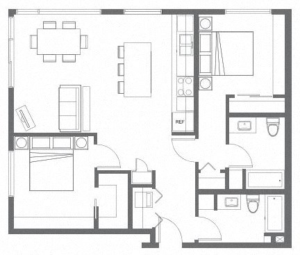Floor plan for 2 beds, 2 baths, 997 sqft
